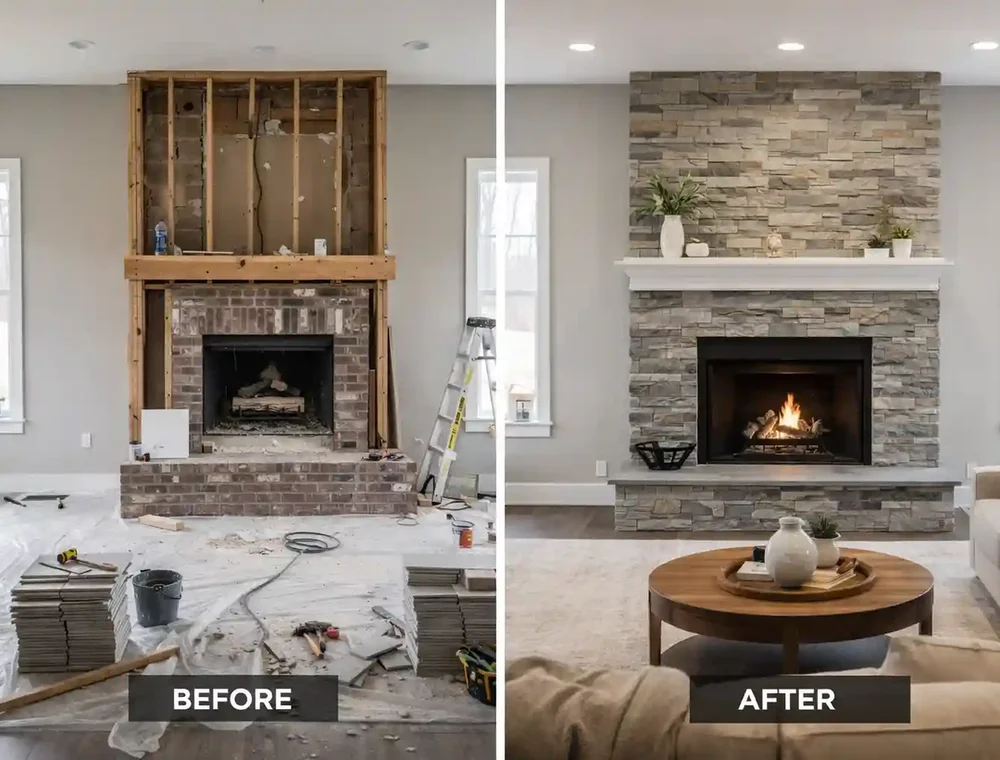 Fireplace Renovation — Stone veneer · Ridgewood by NJ Gold Star Construction