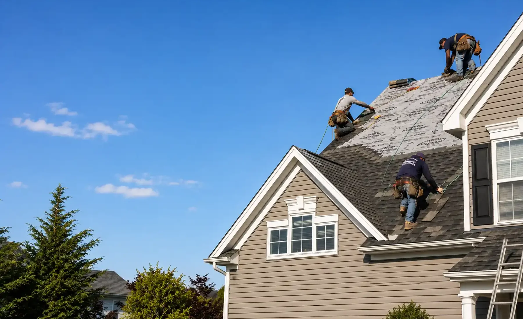 Roofing crew from NJ Gold Star Construction working on a home near Bergenfield, NJ